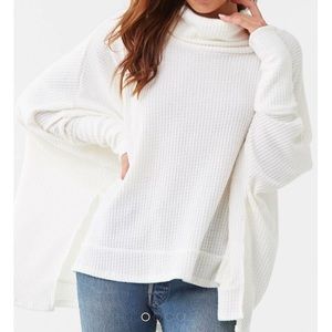 Cowl Neck Waffle Knit Cream White Pullover Poncho Sweater Medium/Large